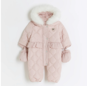 This image shows a baby girls pink snow suit.