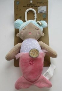 A purple and pink plush mermaid toy with a hook for stroller