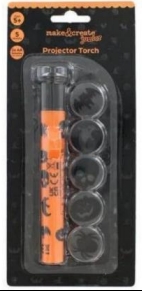 An orange and black childrens halloween torch with projector