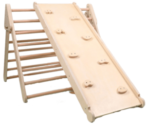 Image Shows Foldable Pikler with climbing board and slide