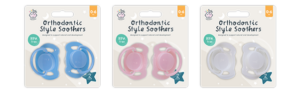 Three packs of orthodontic style soother for babies (0-6 months) in blue, pink and grey. 